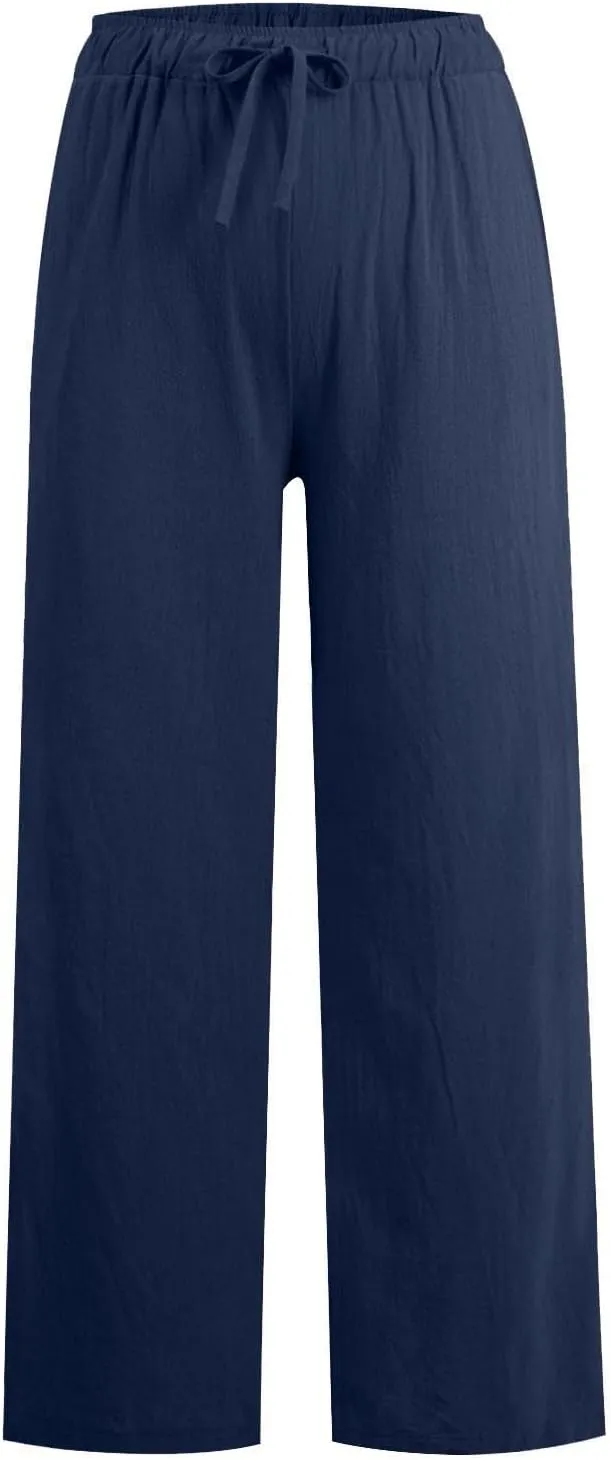 Wide Leg Linen Pants for Women Summer Baggy Comfy Palazzo Pants Drawstring Yoga Pants Casual Beach Pants with Pocket