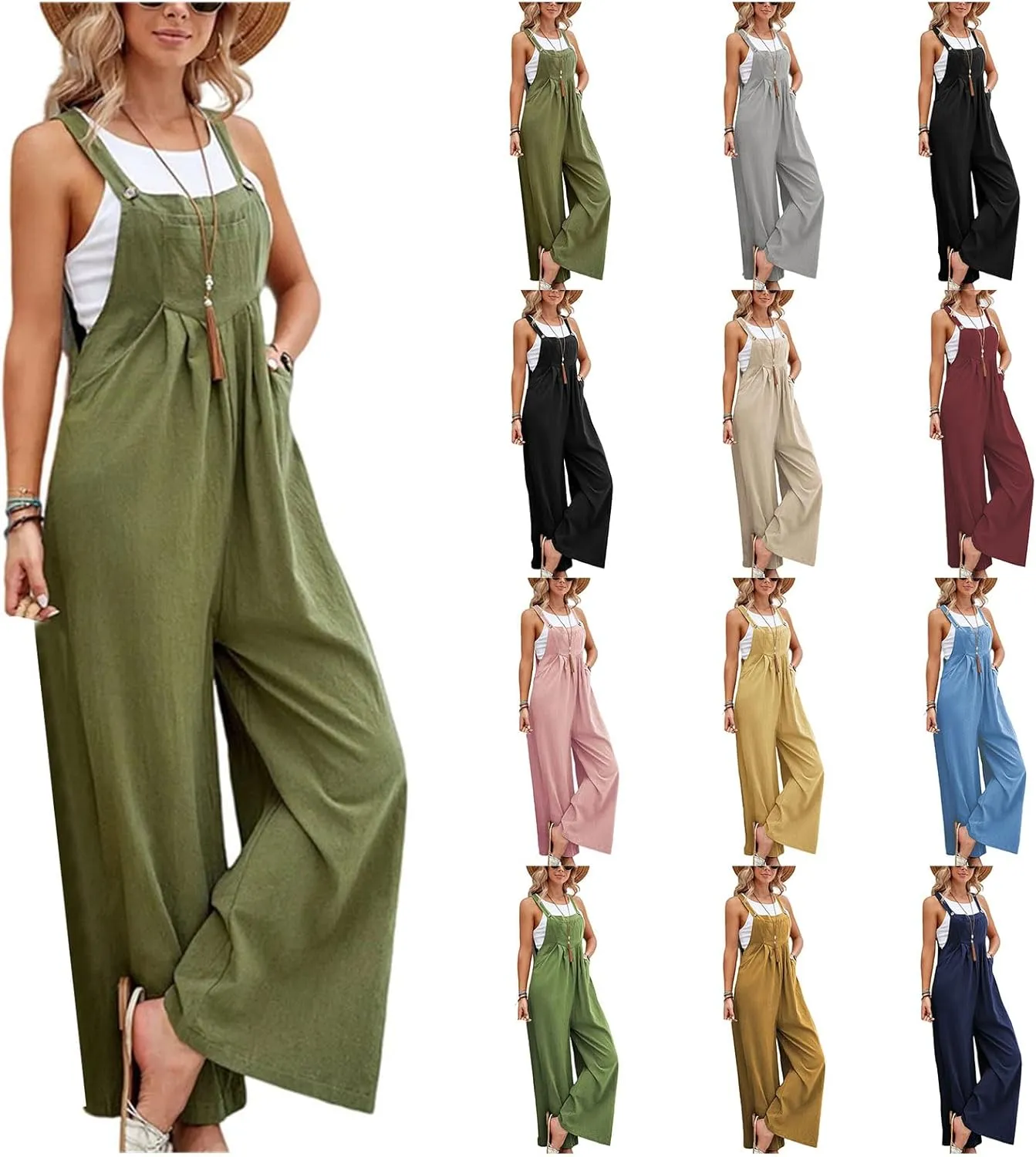 Wide Leg Overalls for Womens Cotton Linen Bib Overalls Sleeveless Jumpsuits Maternity Beach Romper with Pockets