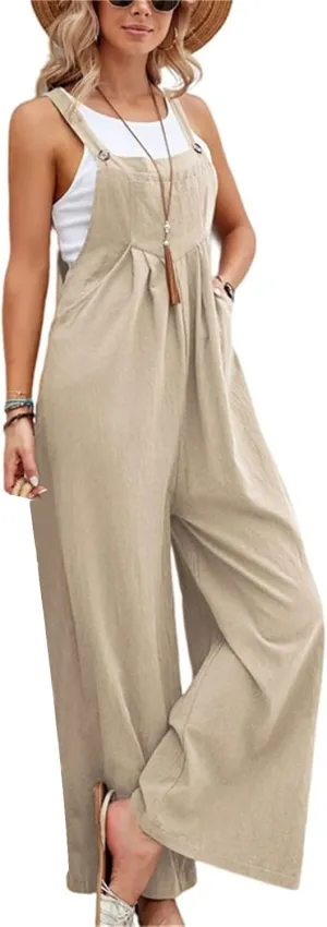 Wide Leg Overalls for Womens Cotton Linen Bib Overalls Sleeveless Jumpsuits Maternity Beach Romper with Pockets