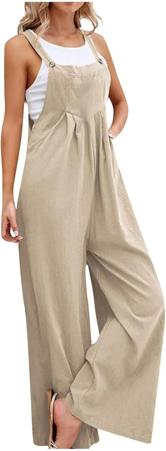 Wide Leg Overalls for Womens Cotton Linen Bib Overalls Sleeveless Jumpsuits Maternity Beach Romper with Pockets