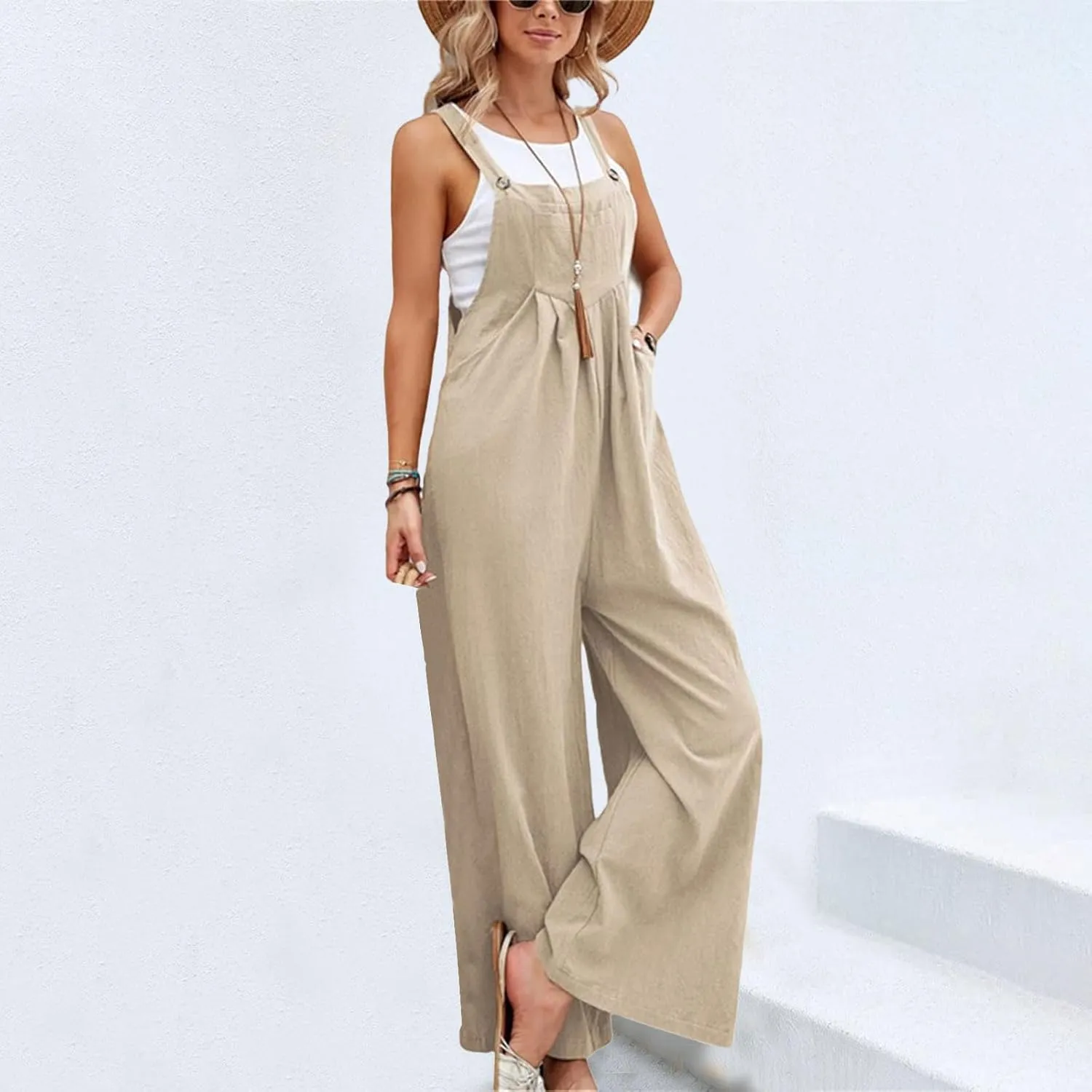 Wide Leg Overalls for Womens Cotton Linen Bib Overalls Sleeveless Jumpsuits Maternity Beach Romper with Pockets