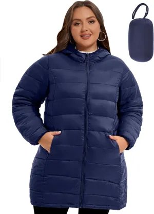 WINDMILL Women's Plus Size Packable Puffer Jacket, Hooded Lightweight Puffy Jacket (1X-6X)