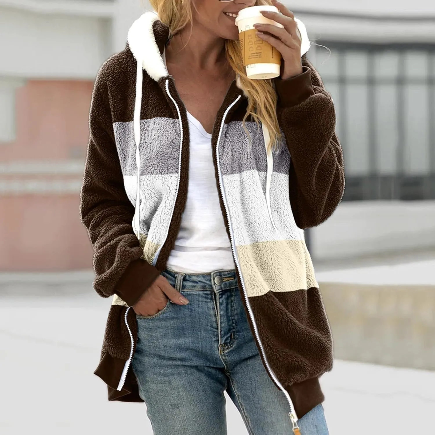 Winter Coats for Women 2024 Trendy Fuzzy Fleece Zip Up Hooded Jackets Lightweight Fluffy Sherpa Outerwear, Large