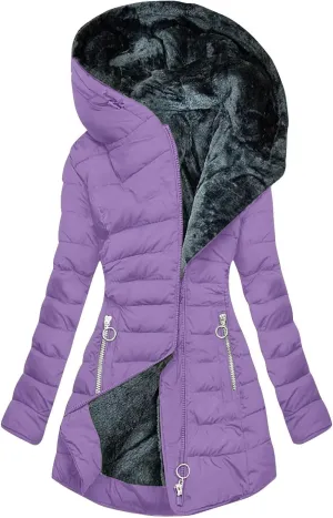 Winter Warm Fleece Lined Jackets for Women Padded Wadded Down Puffer Coats Plush Zip Up Hooded Outerwear