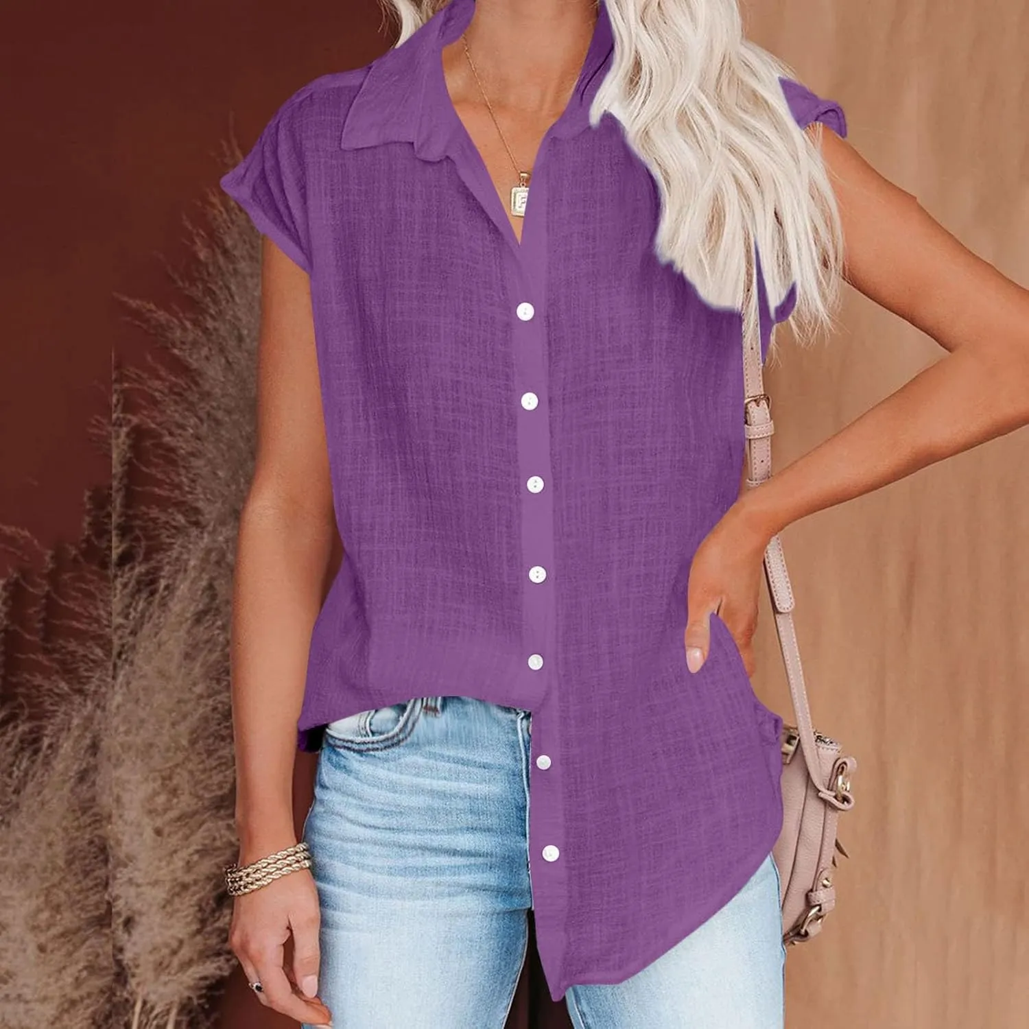 Women Cap Sleeve Tops Cotton Linen T Shirts Summer Casual Tops Trendy Button Down Shirts Business Dressy