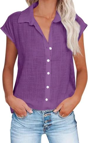 Women Cap Sleeve Tops Cotton Linen T Shirts Summer Casual Tops Trendy Button Down Shirts Business Dressy