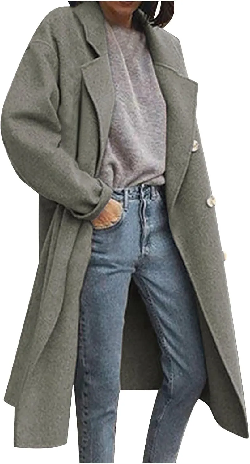 Women Casual Long Woolen Coat Fashion Overcoat Plus Size Trench Coats Loose Plain Plus Size Wool Jacket