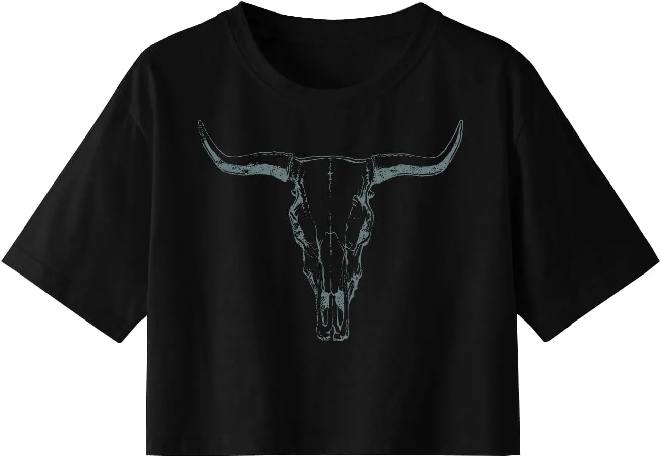 Women Cow Crop Tops Western Cowgirls Graphic T-Shirt Vintage Rodeo Cow Skull Country Concert Tees Tops