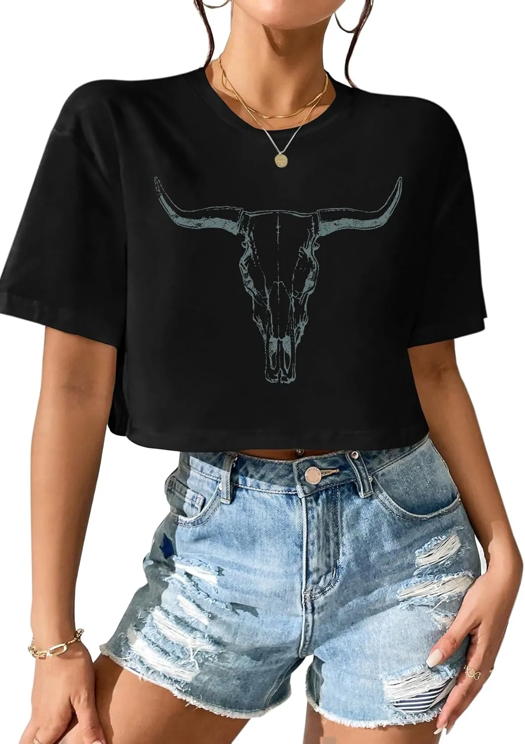 Women Cow Crop Tops Western Cowgirls Graphic T-Shirt Vintage Rodeo Cow Skull Country Concert Tees Tops