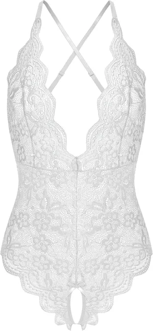 Women Deep V Lingerie Lace Teddy One Piece Babydoll Mini Bodysuit