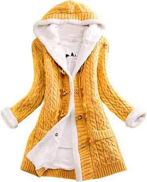 Women Elegant Knit Coats Horn Buttons Plus Size Thick Warm Sweater Jackets Winter Hooded Fleece Lined Coat