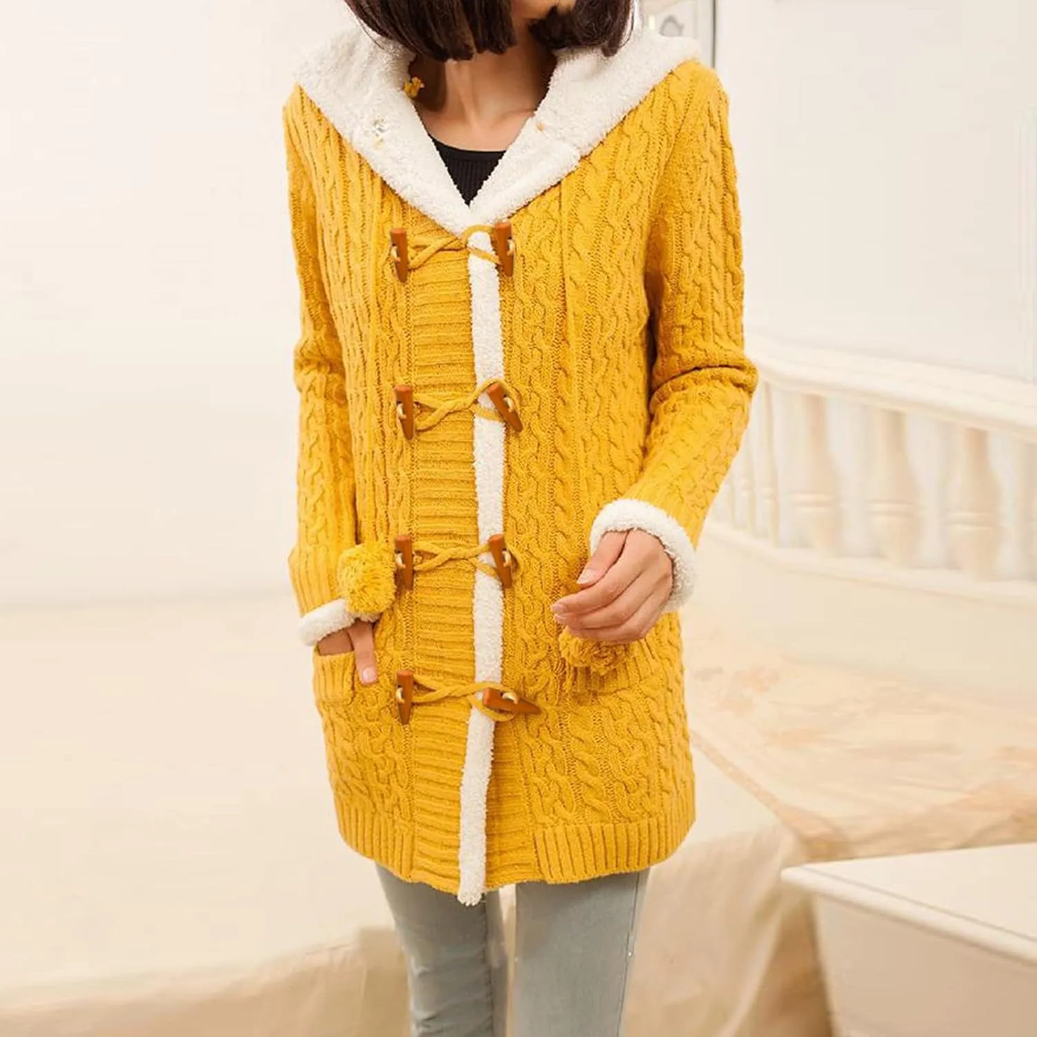 Women Elegant Knit Coats Horn Buttons Plus Size Thick Warm Sweater Jackets Winter Hooded Fleece Lined Coat