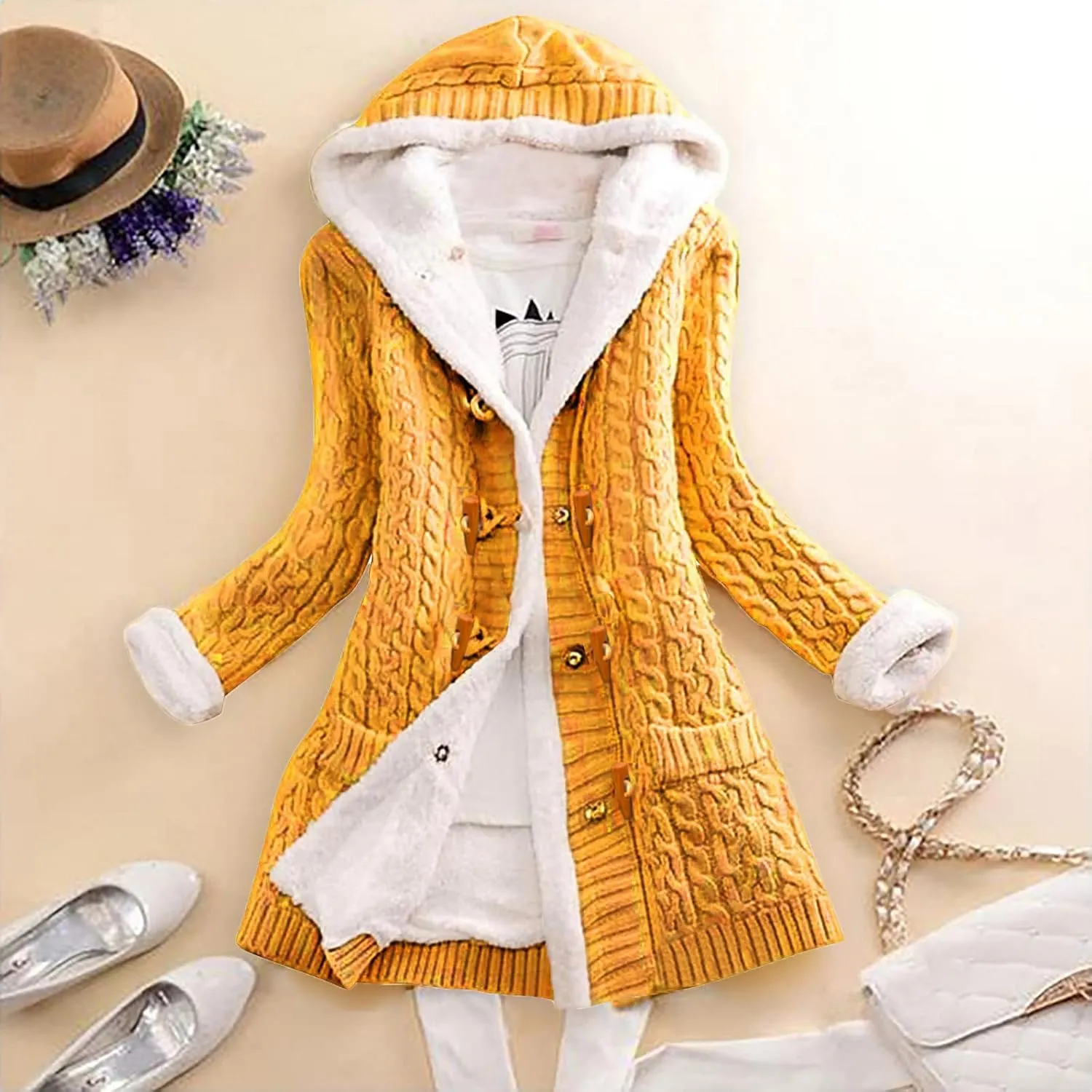 Women Elegant Knit Coats Horn Buttons Plus Size Thick Warm Sweater Jackets Winter Hooded Fleece Lined Coat