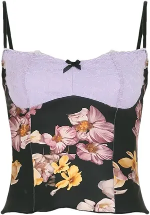 Women Holiday Slim Patchwork Floral Camis Tops Slim Slash Neck Sleeveless Crop Tops