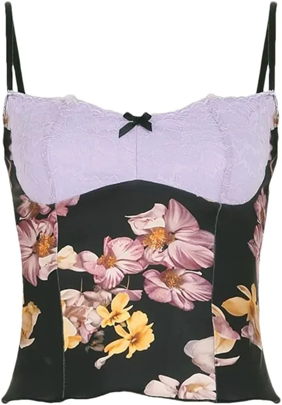 Women Holiday Slim Patchwork Floral Camis Tops Slim Slash Neck Sleeveless Crop Tops