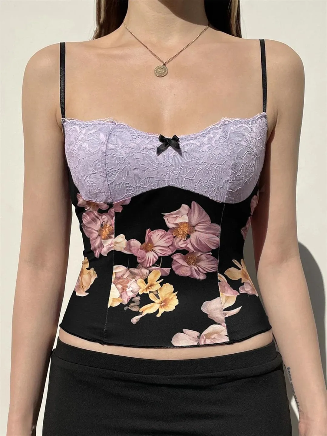 Women Holiday Slim Patchwork Floral Camis Tops Slim Slash Neck Sleeveless Crop Tops