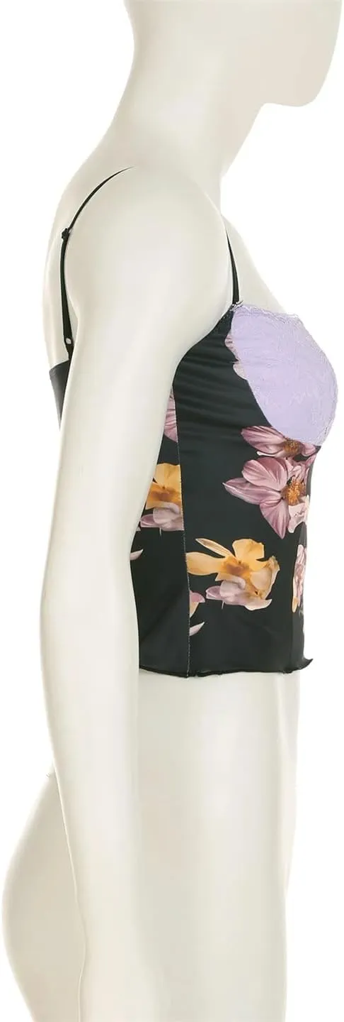 Women Holiday Slim Patchwork Floral Camis Tops Slim Slash Neck Sleeveless Crop Tops