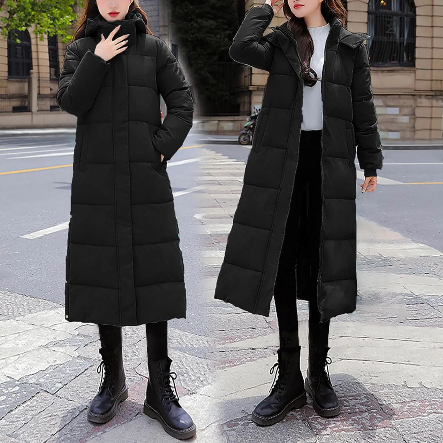 Women Lengthened Thickened Puffer Jacket Quilted Down Jackets Trendy Winter Coats Long Hooded Padded Overcoat