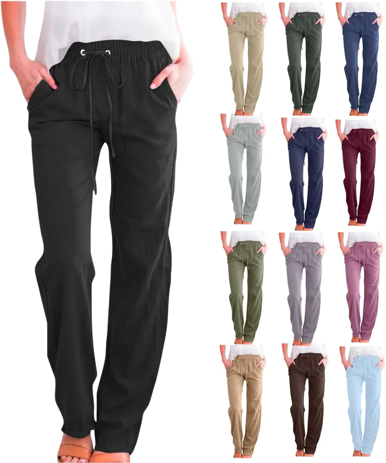 Women Linen Pants Straight Leg Palazzo Pants Summer Beach Pants Elastic Waist Drawstring Work Pants Long Trousers