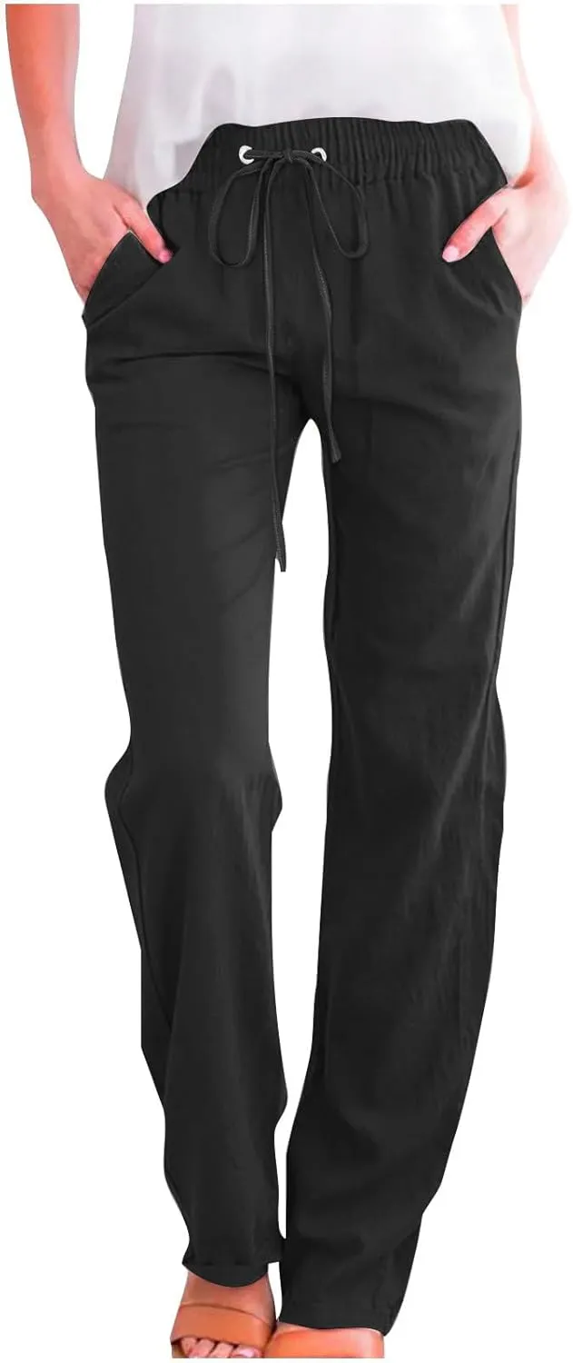 Women Linen Pants Straight Leg Palazzo Pants Summer Beach Pants Elastic Waist Drawstring Work Pants Long Trousers