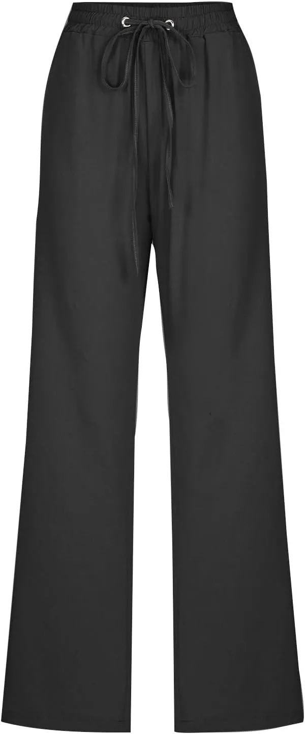 Women Linen Pants Straight Leg Palazzo Pants Summer Beach Pants Elastic Waist Drawstring Work Pants Long Trousers