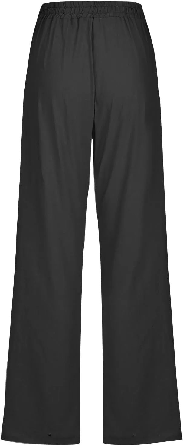 Women Linen Pants Straight Leg Palazzo Pants Summer Beach Pants Elastic Waist Drawstring Work Pants Long Trousers