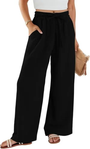 Women Linen Pants with Pockets Casual Summer Wide Leg Pants Smocked Waist Ruffle Hem Palazzo Pants Flowy Beach Pants