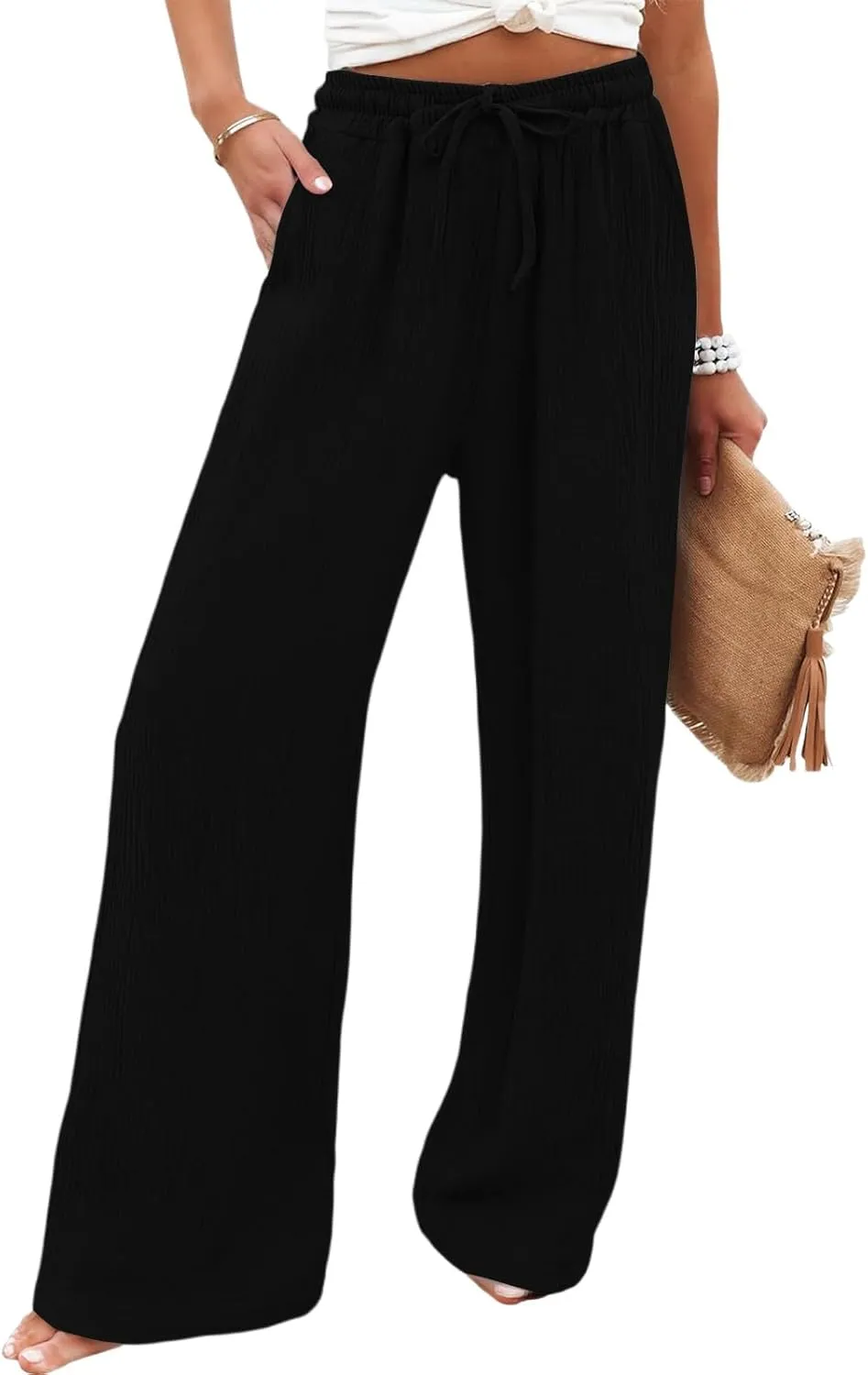 Women Linen Pants with Pockets Casual Summer Wide Leg Pants Smocked Waist Ruffle Hem Palazzo Pants Flowy Beach Pants
