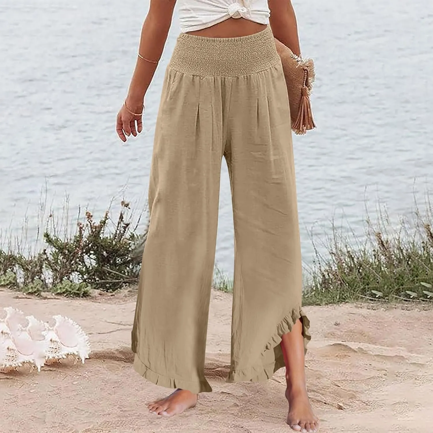 Women Linen Pants with Pockets Casual Summer Wide Leg Pants Smocked Waist Ruffle Hem Palazzo Pants Flowy Beach Pants