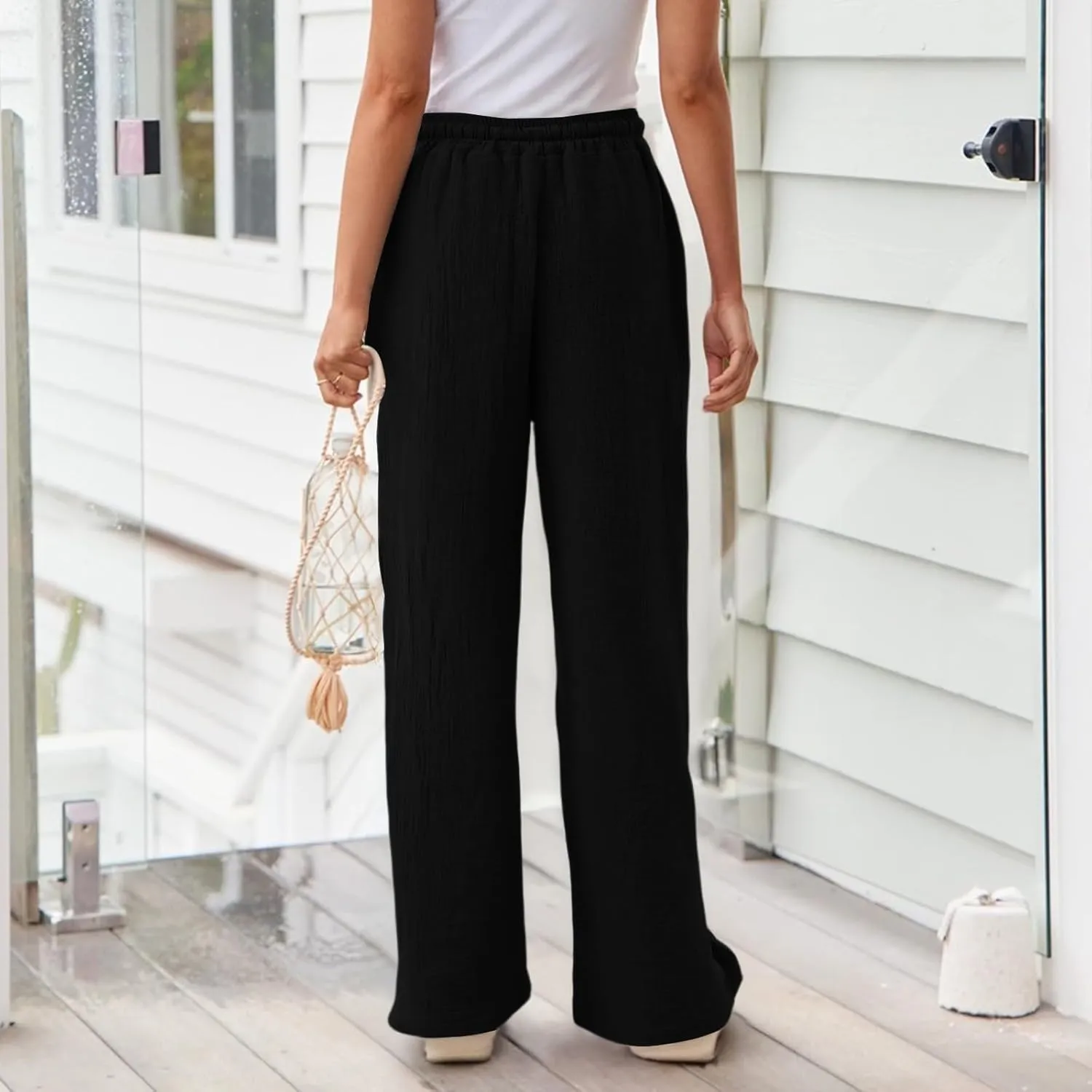 Women Linen Pants with Pockets Casual Summer Wide Leg Pants Smocked Waist Ruffle Hem Palazzo Pants Flowy Beach Pants