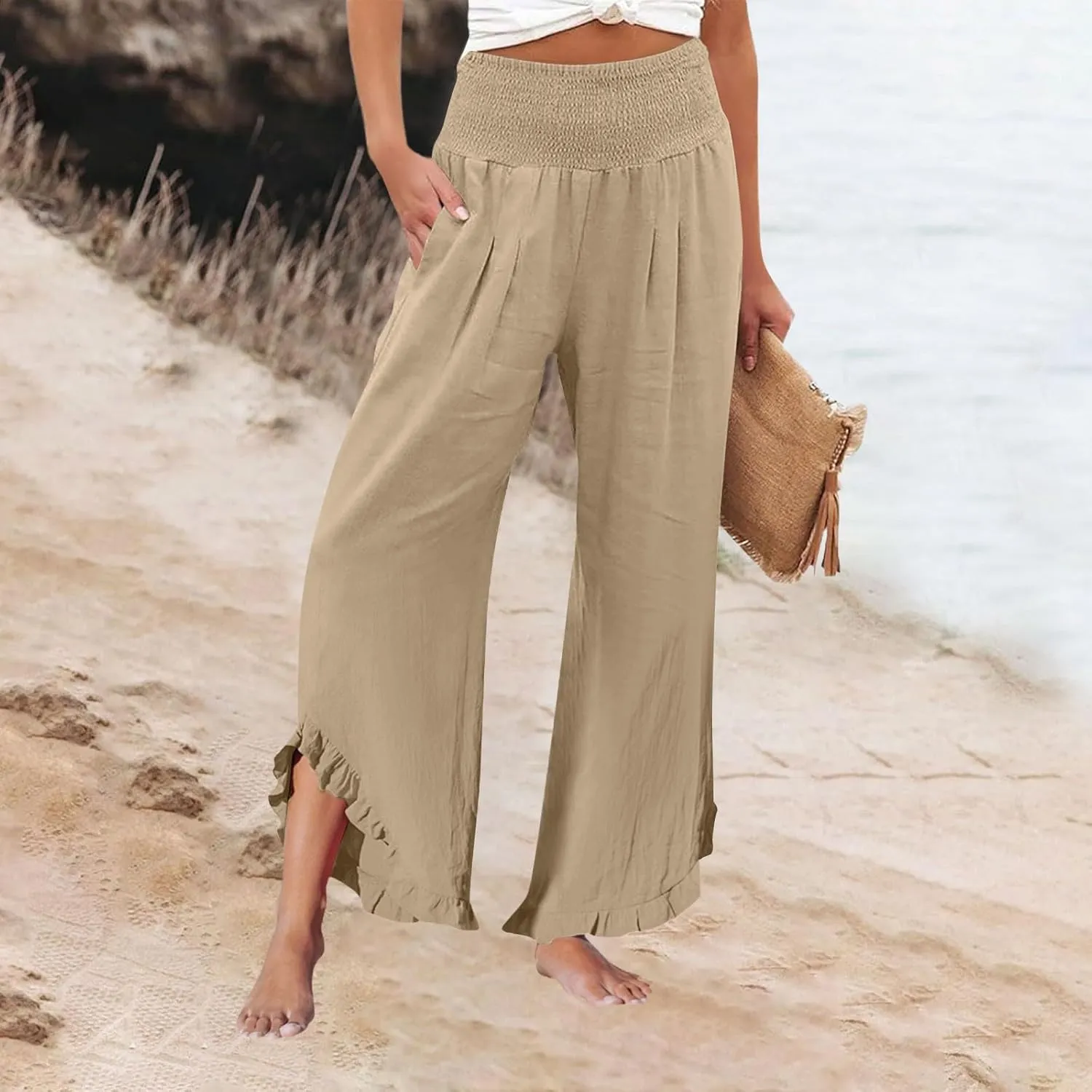 Women Linen Pants with Pockets Casual Summer Wide Leg Pants Smocked Waist Ruffle Hem Palazzo Pants Flowy Beach Pants