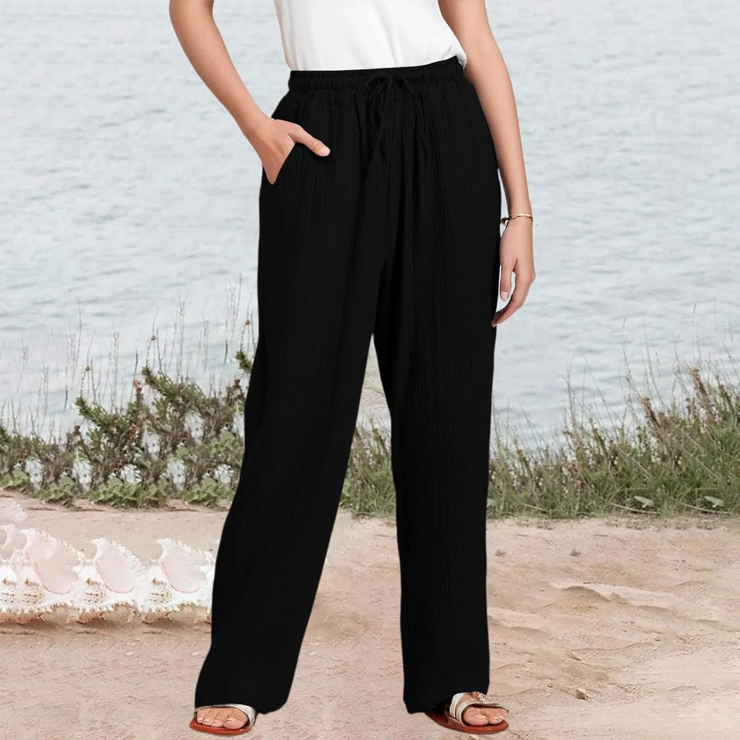 Women Linen Pants with Pockets Casual Summer Wide Leg Pants Smocked Waist Ruffle Hem Palazzo Pants Flowy Beach Pants