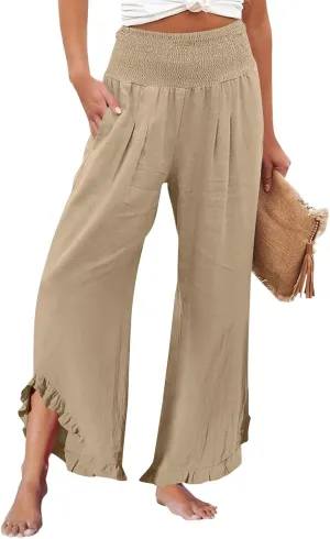 Women Linen Pants with Pockets Casual Summer Wide Leg Pants Smocked Waist Ruffle Hem Palazzo Pants Flowy Beach Pants