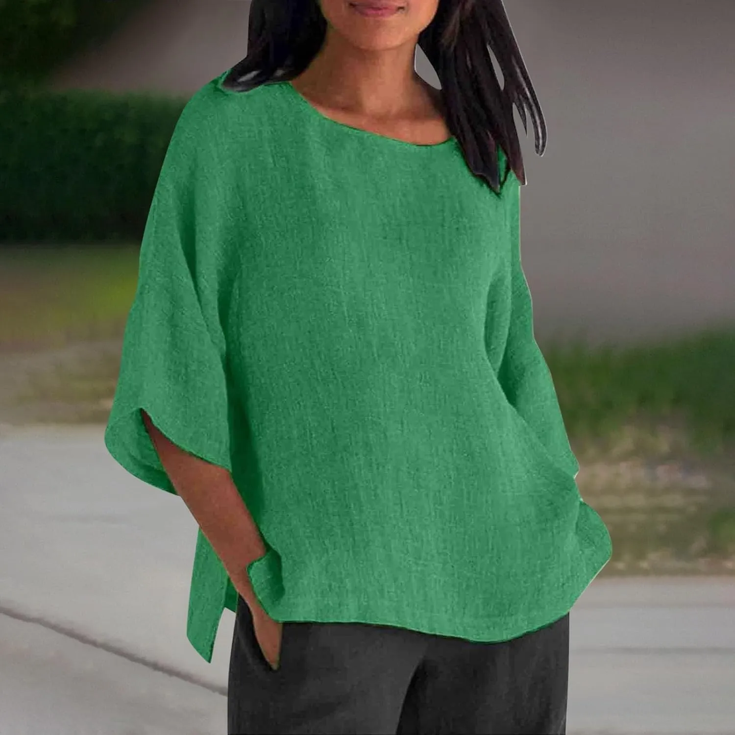 Women Linen Shirts Summer Cotton Linen Boho Short Sleeve T-Shirt Casual Loose Basic V Neck Blouse Top