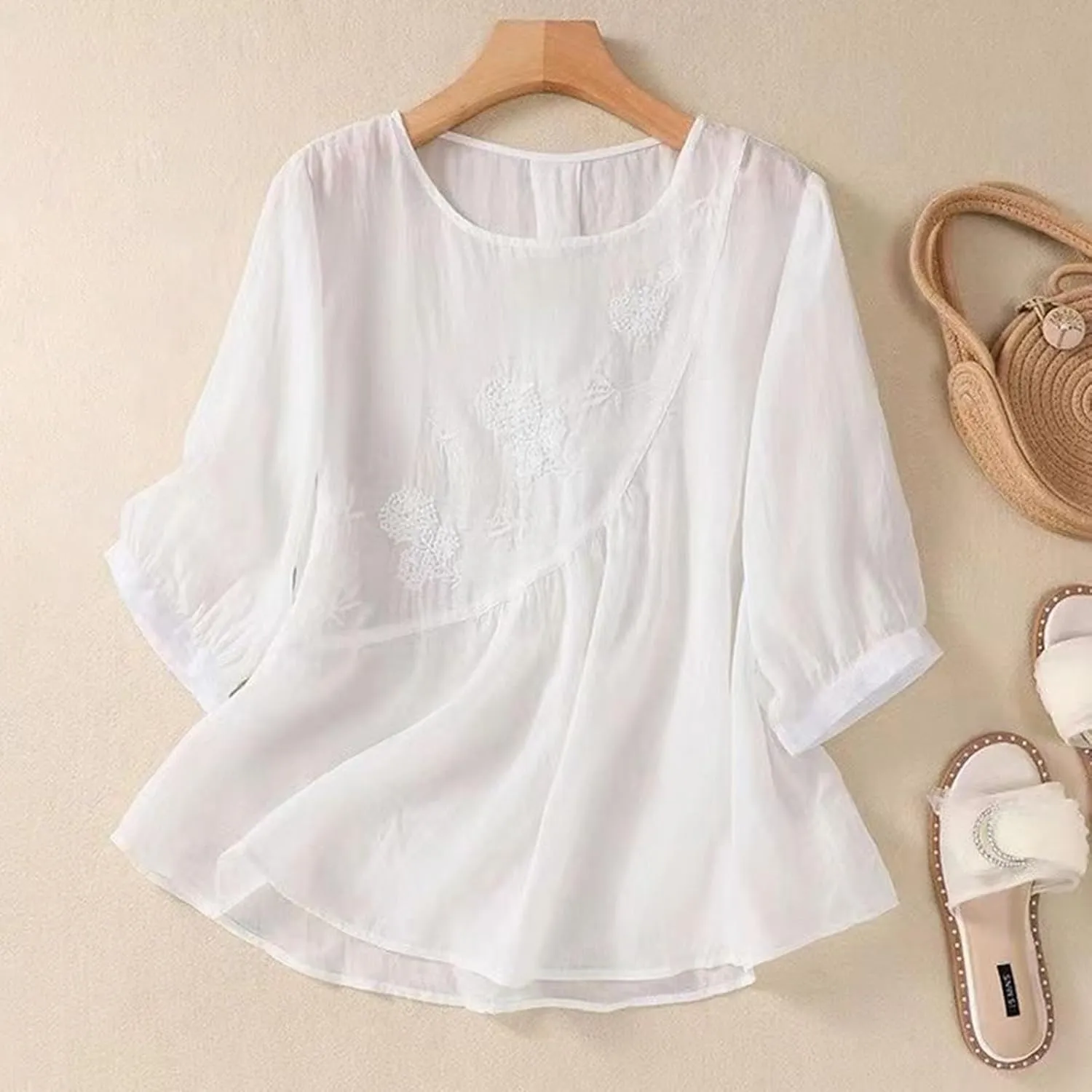 Women Linen Shirts Summer Cotton Linen Buttons Long Sleeve T-Shirt Casual Loose Fit Henley Crew Neck Tee Top
