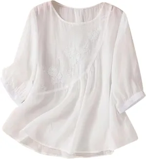 Women Linen Shirts Summer Cotton Linen Buttons Long Sleeve T-Shirt Casual Loose Fit Henley Crew Neck Tee Top