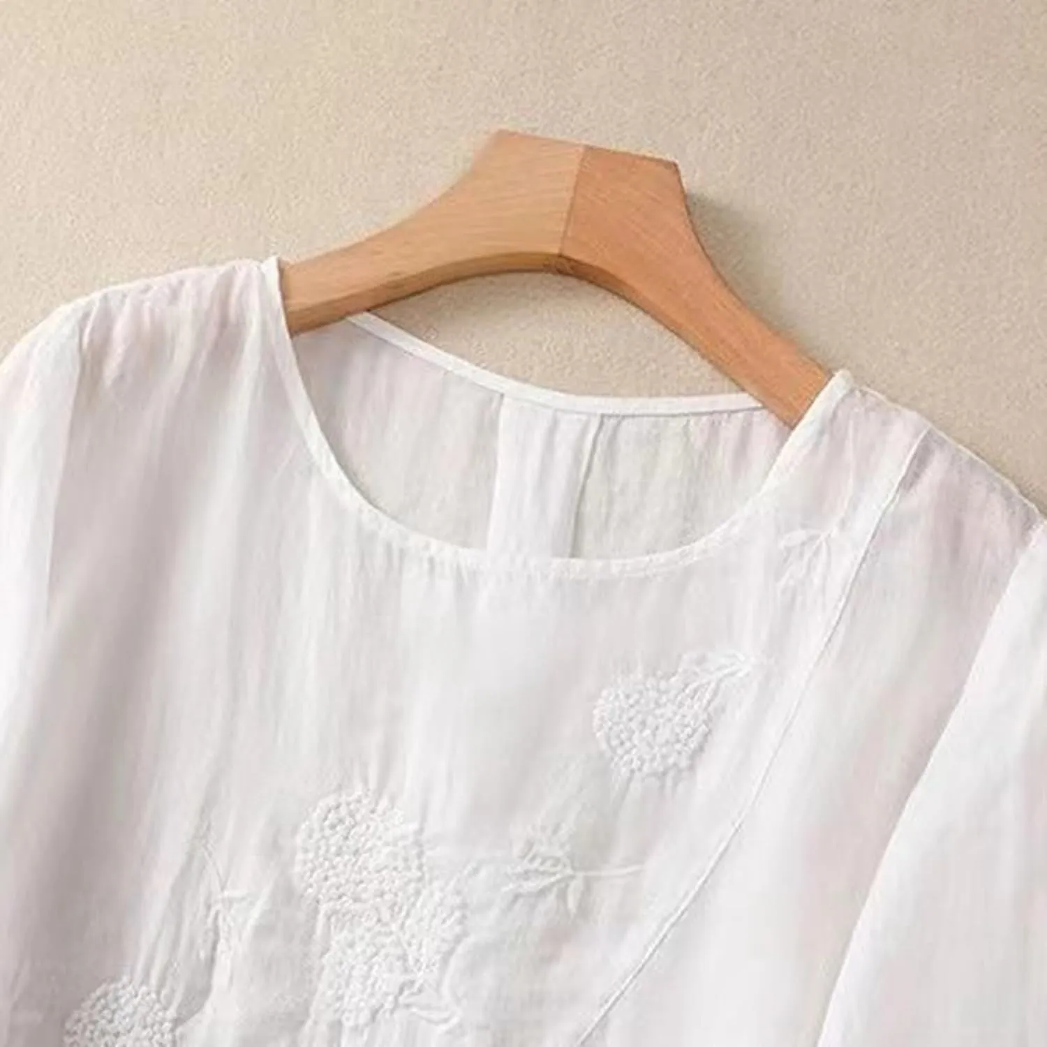 Women Linen Shirts Summer Cotton Linen Buttons Long Sleeve T-Shirt Casual Loose Fit Henley Crew Neck Tee Top