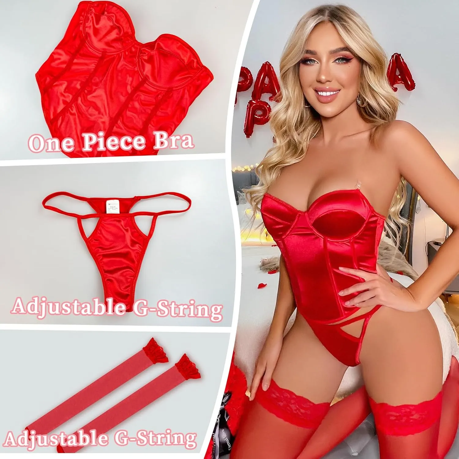 Women Lingerie Sets Satin Bodysuit with Stockings and G-string Sexy 3 Piece Lingerie Set For Women