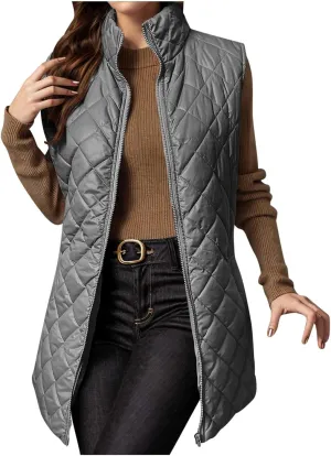 Women Mid Length Puffer Vest Lightweight Quilted Gilet Winter Warm Zip Up Sleeveless Down Jacket Fashion Waistcoat