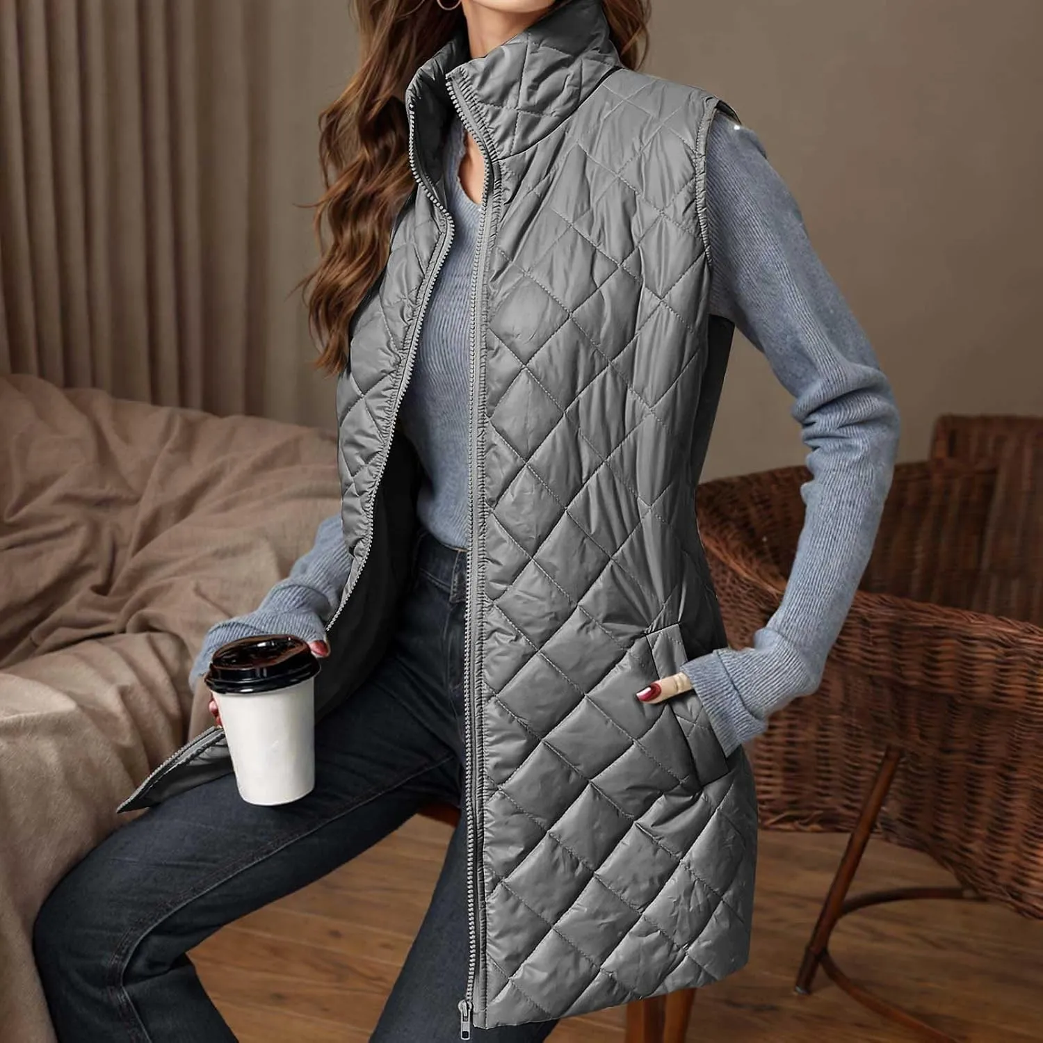 Women Mid Length Puffer Vest Lightweight Quilted Gilet Winter Warm Zip Up Sleeveless Down Jacket Fashion Waistcoat