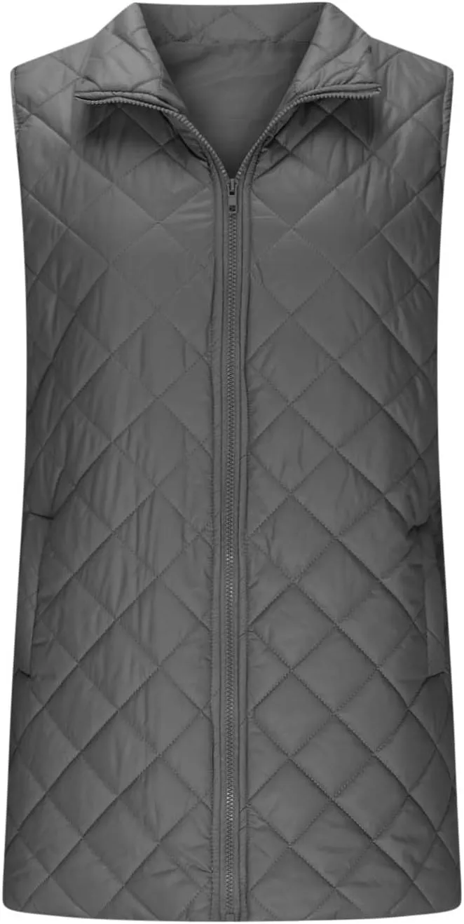 Women Mid Length Puffer Vest Lightweight Quilted Gilet Winter Warm Zip Up Sleeveless Down Jacket Fashion Waistcoat