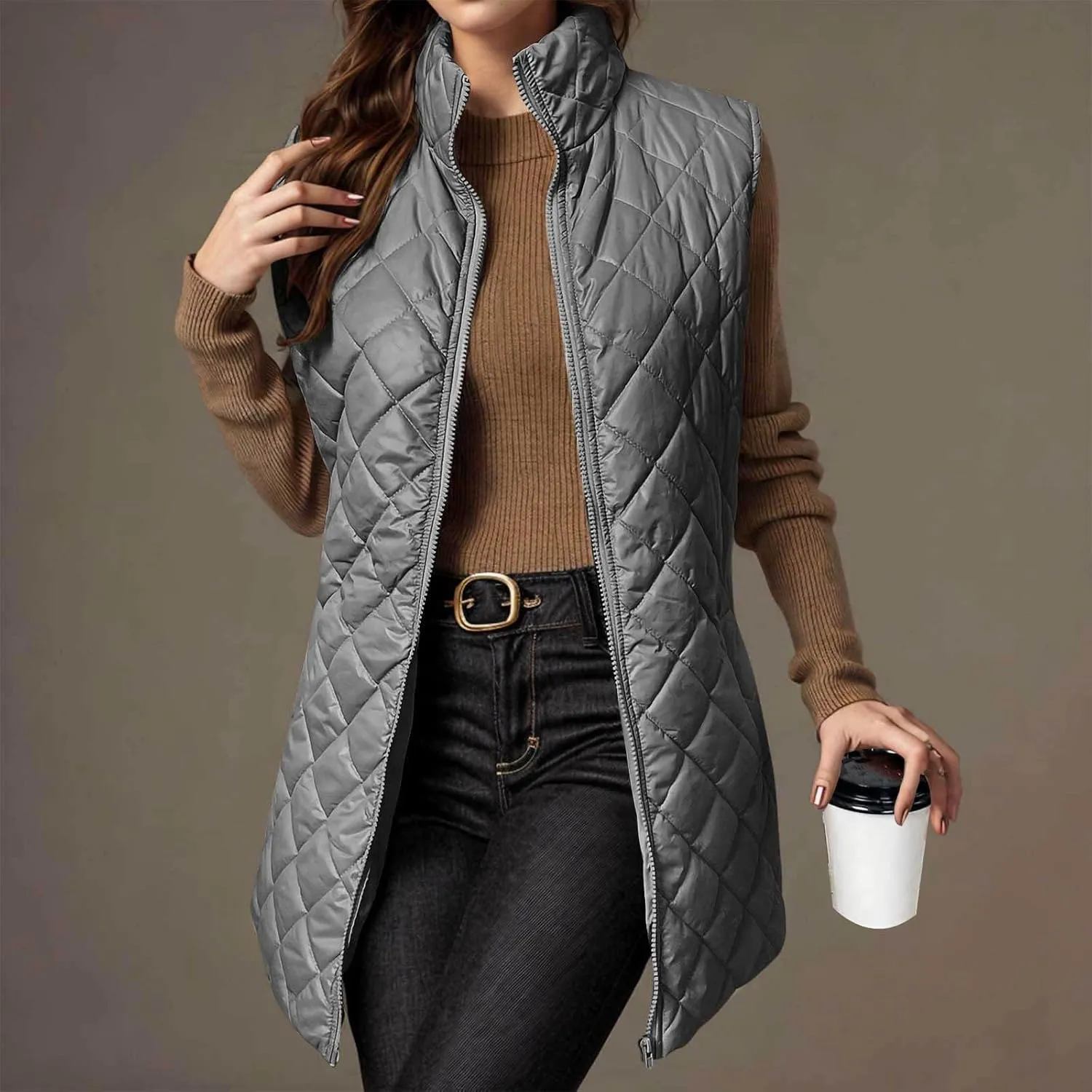 Women Mid Length Puffer Vest Lightweight Quilted Gilet Winter Warm Zip Up Sleeveless Down Jacket Fashion Waistcoat