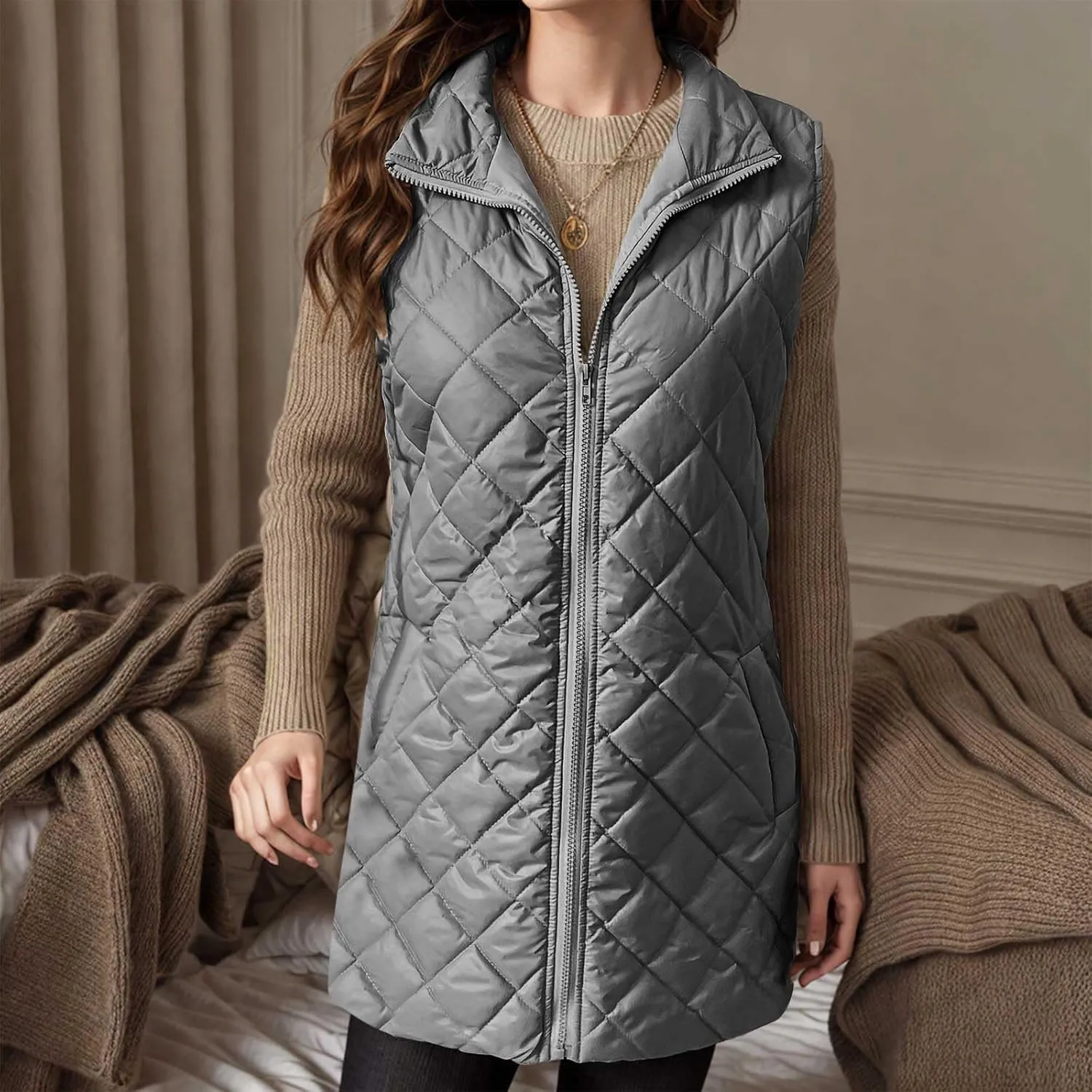 Women Mid Length Puffer Vest Lightweight Quilted Gilet Winter Warm Zip Up Sleeveless Down Jacket Fashion Waistcoat