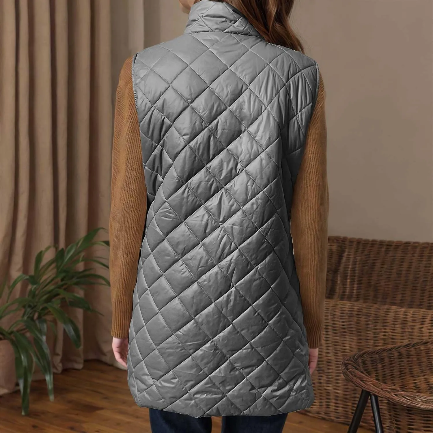 Women Mid Length Puffer Vest Lightweight Quilted Gilet Winter Warm Zip Up Sleeveless Down Jacket Fashion Waistcoat