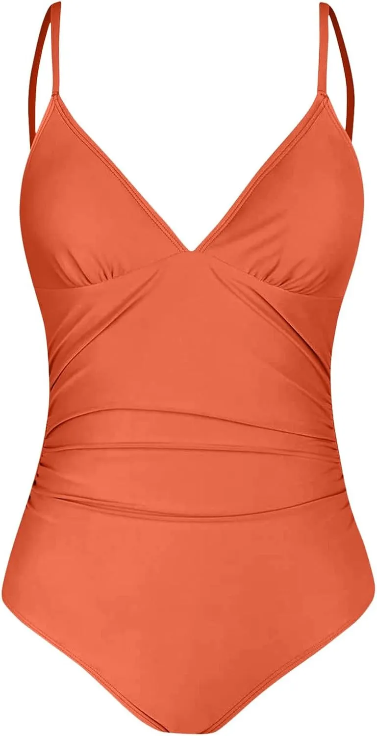 Women One Piece Swimsuits Ruched V Neck Modest Tummy Control Bathing Suit Backless Slimming Swimwear Swim Suit