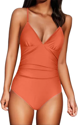 Women One Piece Swimsuits Ruched V Neck Modest Tummy Control Bathing Suit Backless Slimming Swimwear Swim Suit