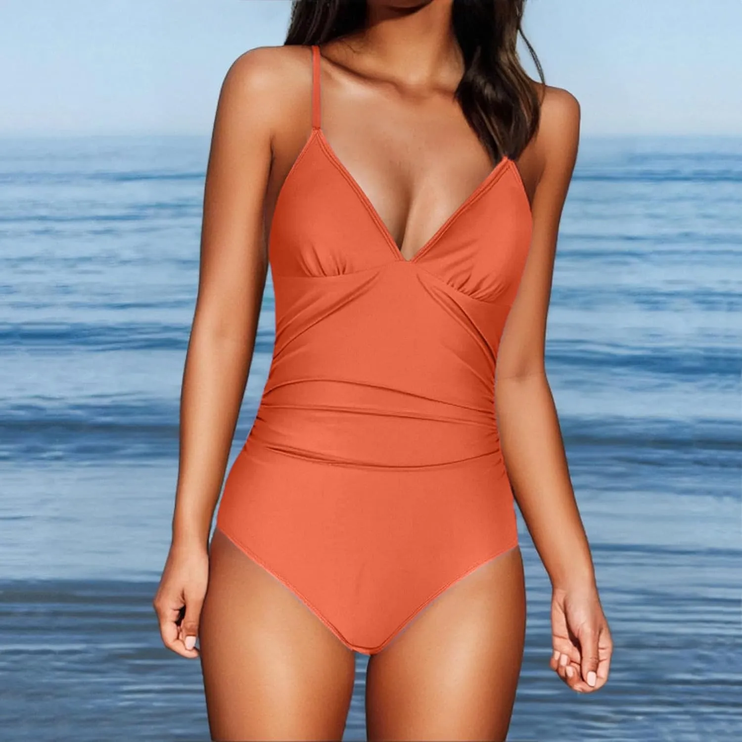 Women One Piece Swimsuits Ruched V Neck Modest Tummy Control Bathing Suit Backless Slimming Swimwear Swim Suit