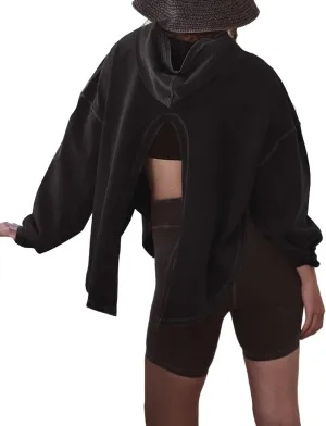 Women Open Back Workout Hooded Sweatshirt Oversized Long Sleeve Side Slit Athletic Shirt Flowy Hoodie Top Activewear