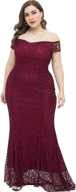 Women Plus Size Floral Lace Off-The-Shoulder Mermaid Maxi Prom Dress