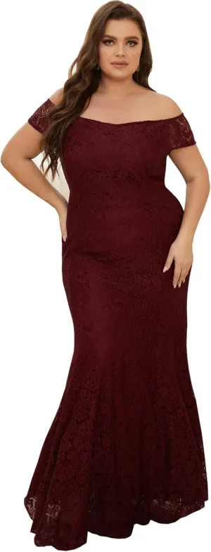 Women Plus Size Floral Lace Off-The-Shoulder Mermaid Maxi Prom Dress